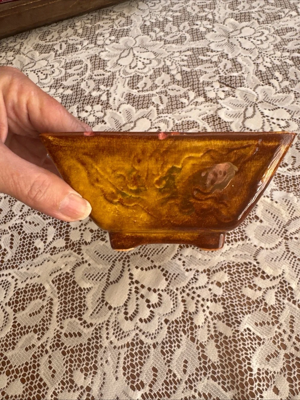 Vintage 103 USA Pottery Planter Mustard Yellow Footed MCM Raised Foliage 9.5”